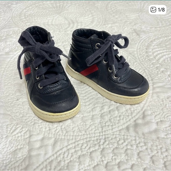 Gucci Other - GUCCI Toddler High Top Sneakers Ace Web Navy Blue Leather Kid Size 21